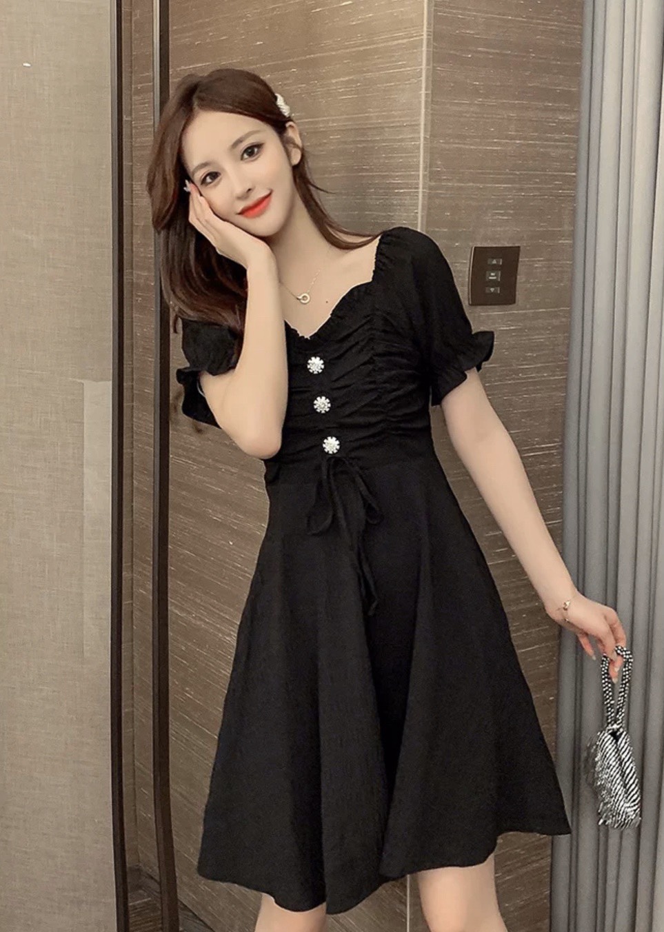 [HCM]ĐẦM RÚT NGỰC 3 CÚC- MIN DRESS T186