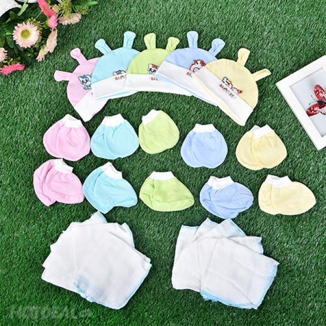 Combo 10 khăn sữa, 5 nón, 5 cặp bao tay, 5 cặp bao chân cho bé
