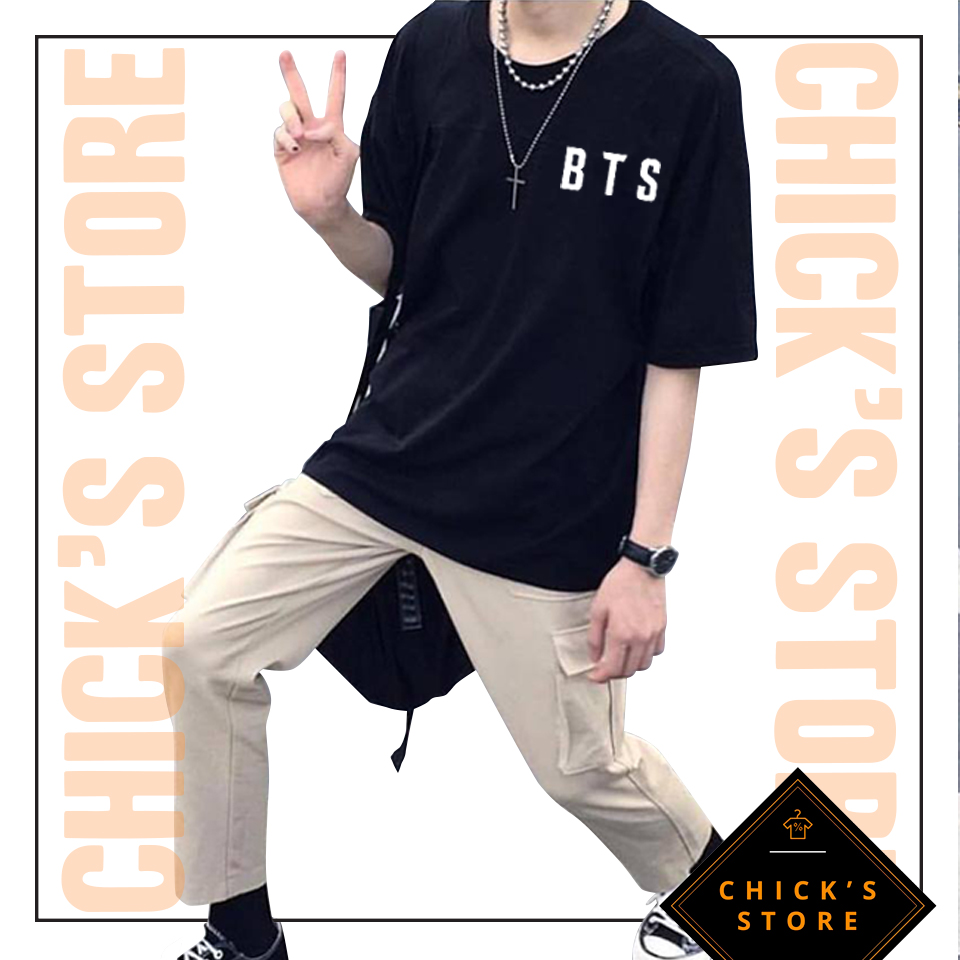 Áo thun tay lỡ BTS phối hoa (Màu đen) - Áo thun Kpop