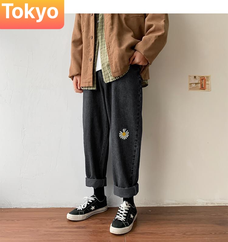 QUẦN BAGGY JEAN NAM CHẤT BÒ ỐNG RỘNG DÀI ĐEN THÊU HOA CÚC PHONG CÁCH MƠI CJ-35 - TOKYO FASHION
