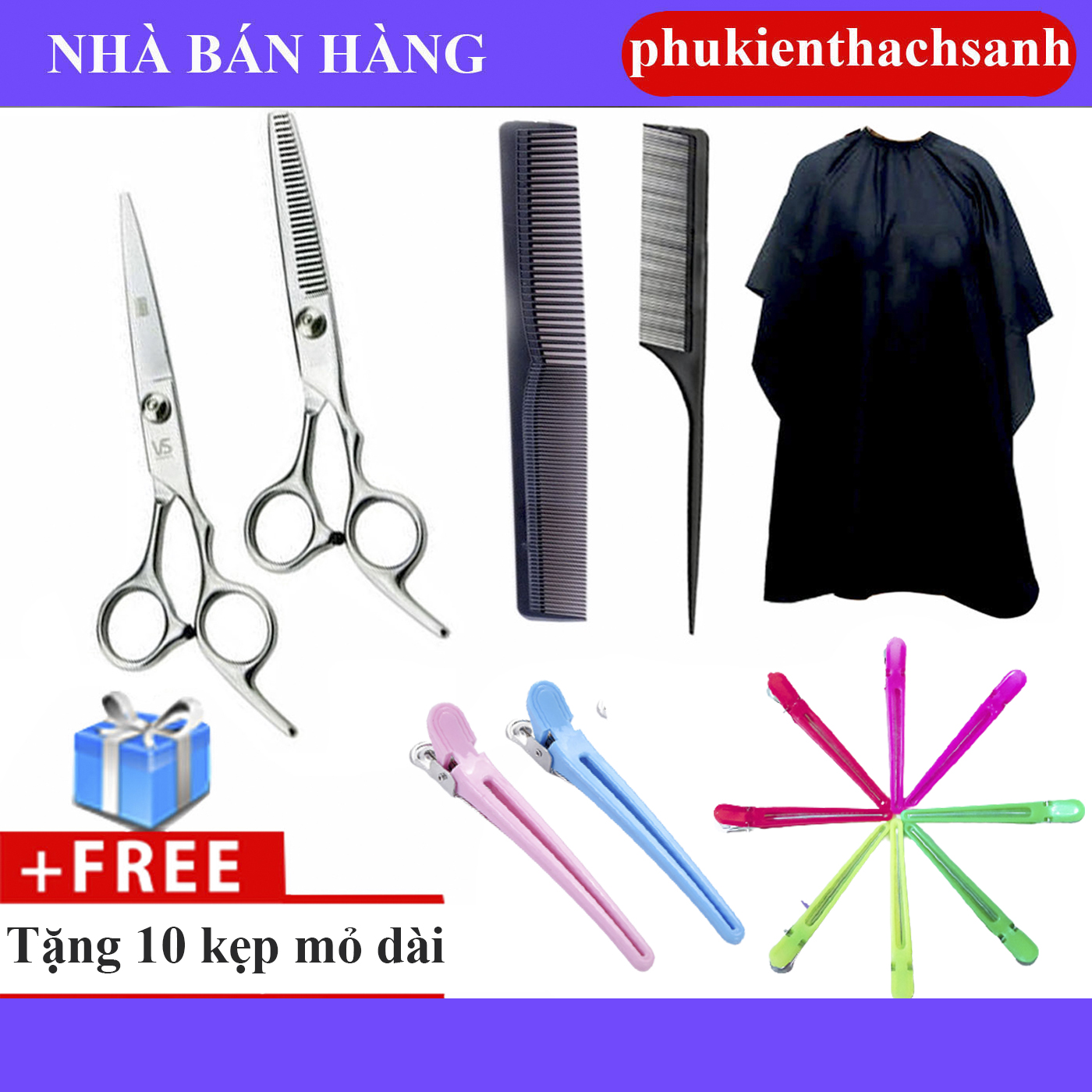 Combo bộ kéo cắt tóc và tỉa tóc + 2 cây lược + áo choàng cắt tóc + 10 kẹp mỏ dài