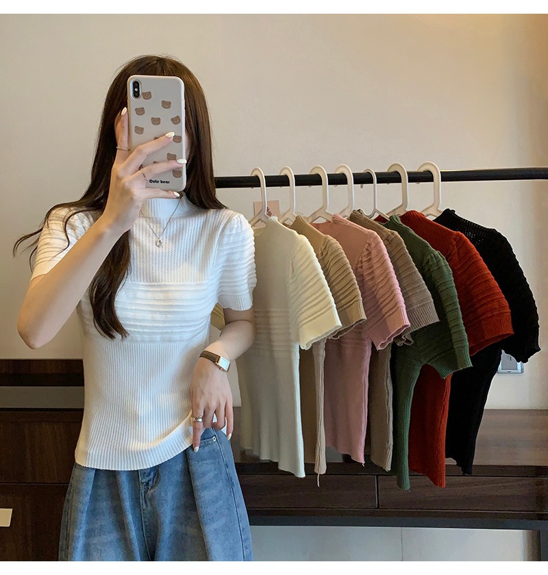 Áo len dệt kim nữ cổ cao tay phồng kiểu hàn chất len mềm không xù áo len nữ mẫu mới thu đông 2023