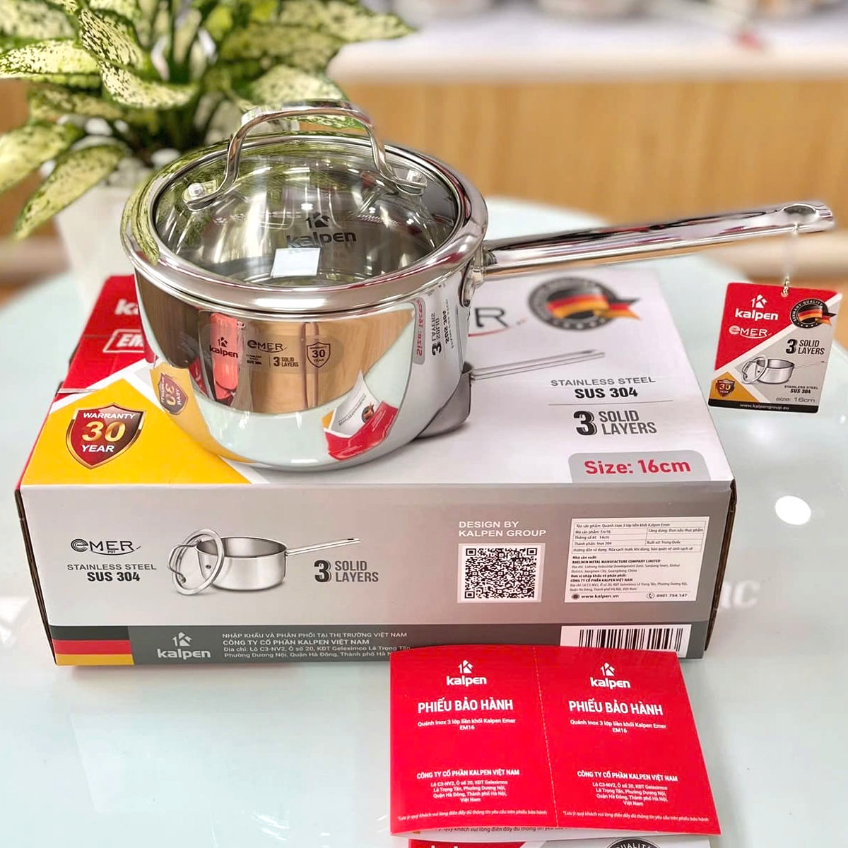 Quánh inox 3 lớp liền khối kalpen emer em16 size 16cm - hàng đức, bảo hành 30 năm