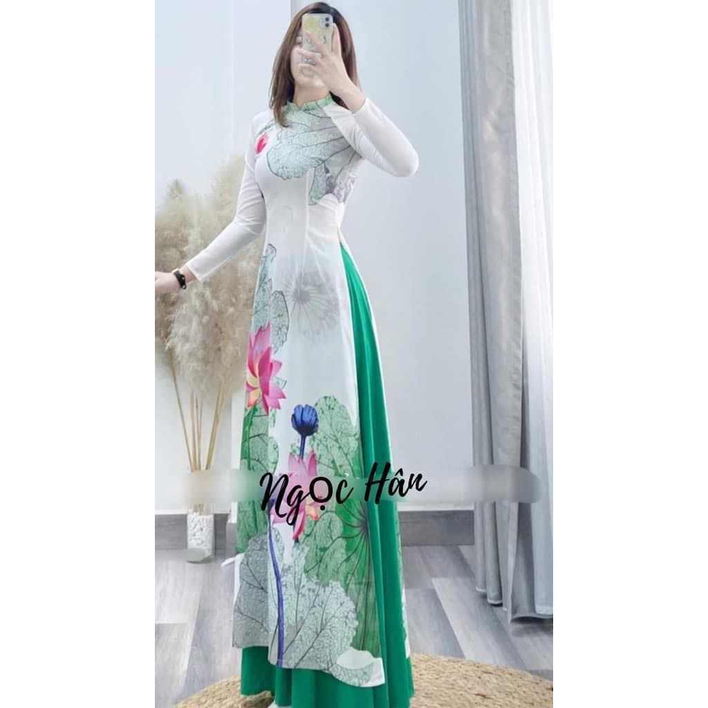 Bộ áo dài lụa in 3D hoa sen cao cấp