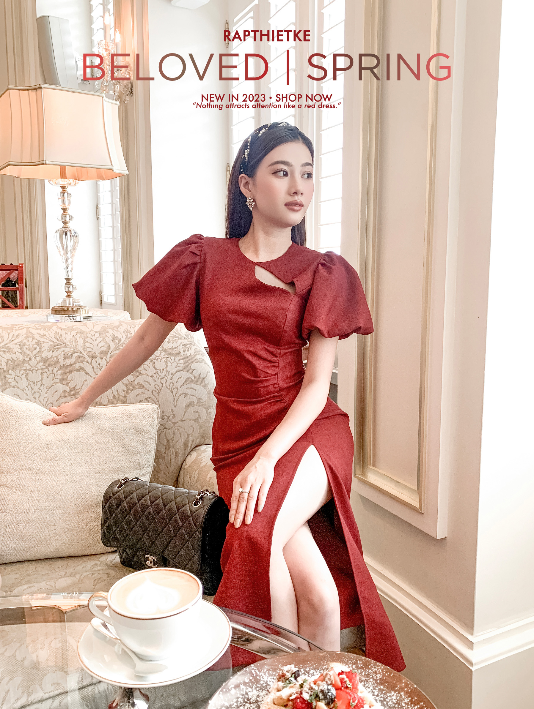 Rập - Đầm Đỏ Tay Phồng Cổ Tròn Thân Xẻ - GOLD 05