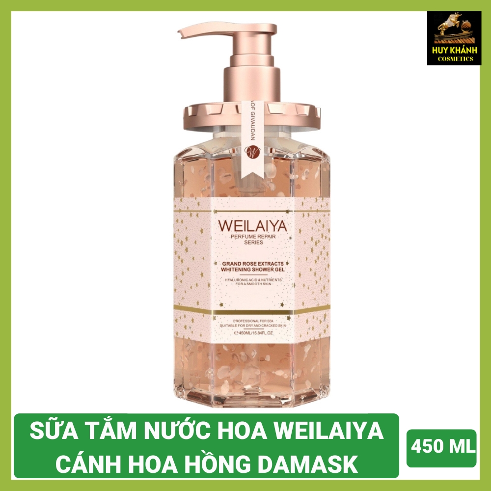 Weilaiya Damask shower gel French rose petals body whitening perfume whitening body Shower Gel 450ml long lasting fragrance soothing moisturizing clean bright pink smooth for all skin types women and men seductive luxury natural cheapre-huy Khanh cosmetic