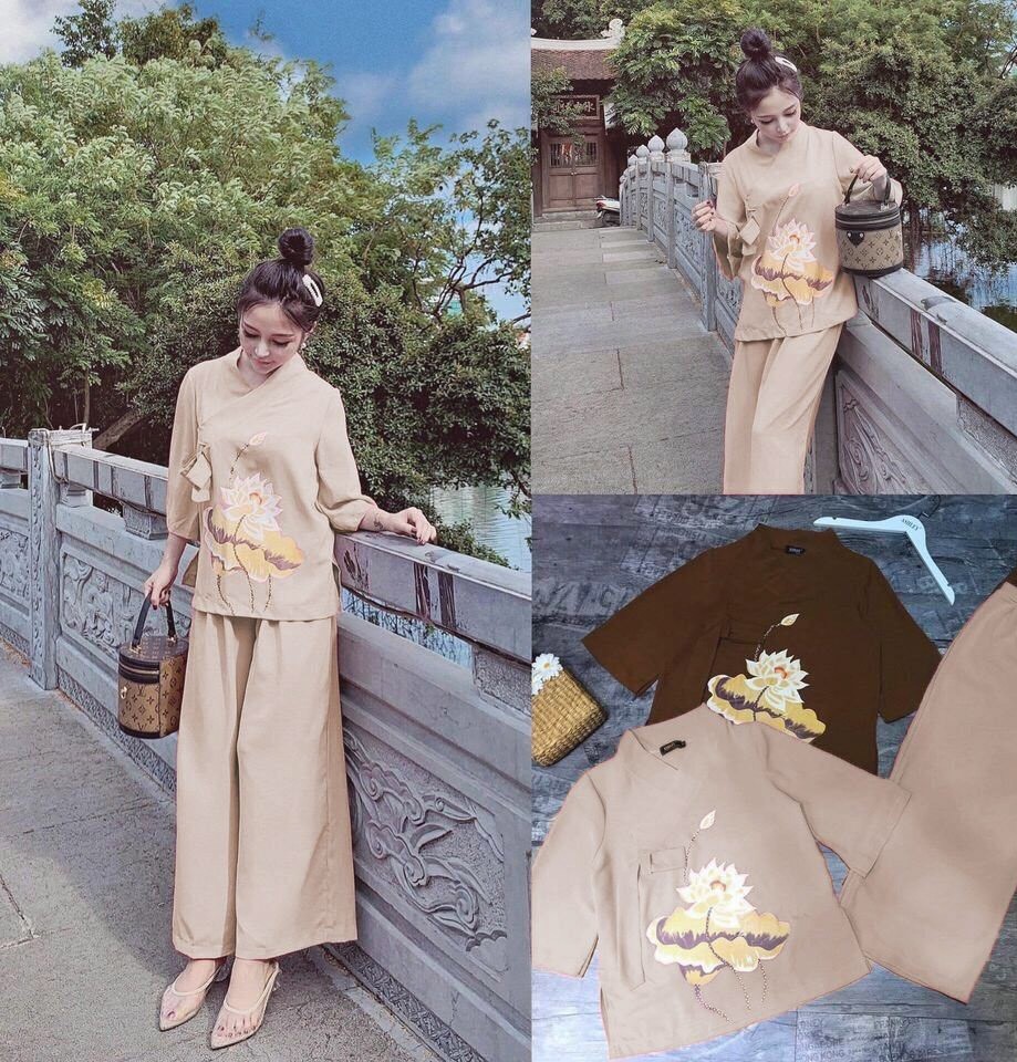 [HCM]SET ĐỒ LAM ĐI CHÙA PHỐI HOA THÊU CAO CẤP