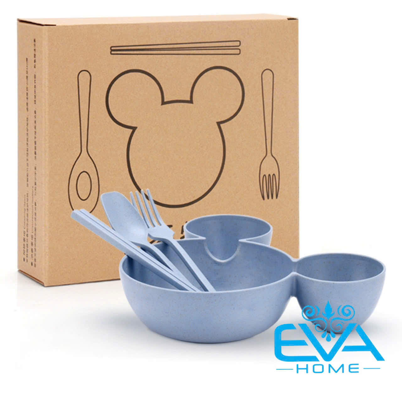 Bộ Chén Bát Ăn Dặm Hoạt Hình 3 Ngăn Kèm Đũa Muỗng Nĩa Cho Bé Chất Liệu Nhựa Lúa Mạch An Toàn Chịu Nhiệt Cao