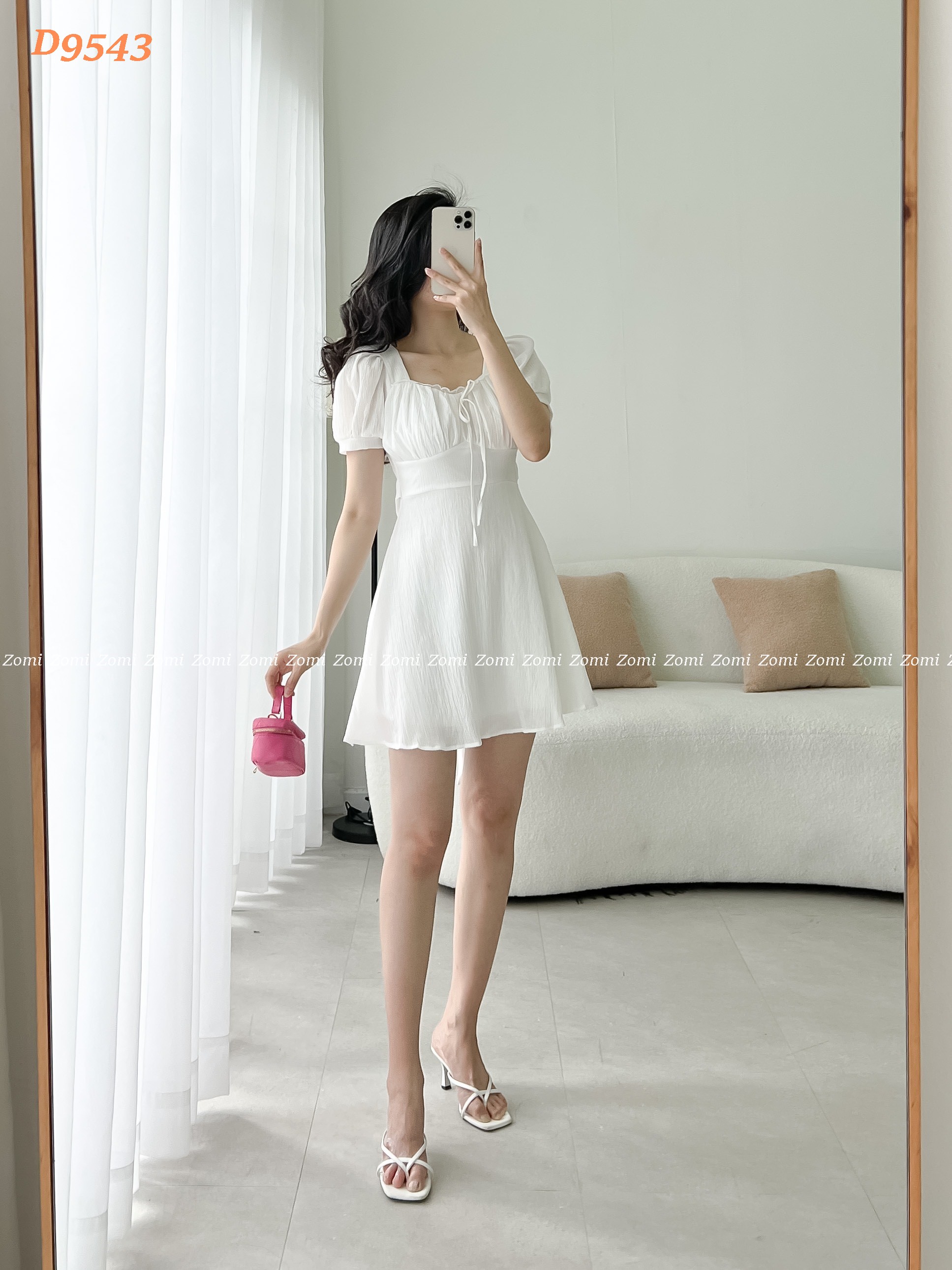 Đầm xòe tay phồng nhún phối ren điệu đà