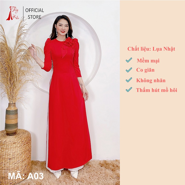 Áo dài trơn lụa Nhật cổ tròn màu đỏ tay bồng A03