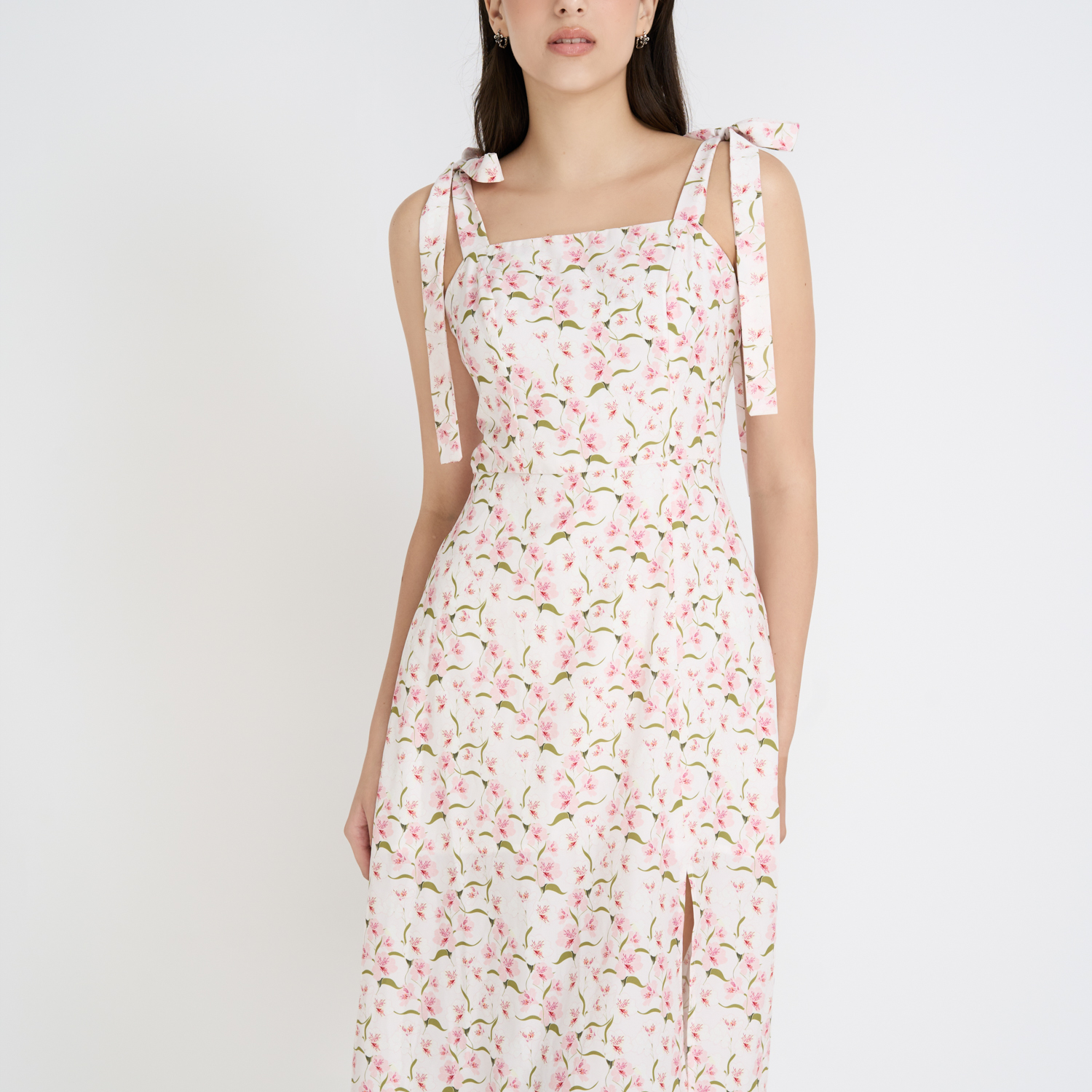 Đầm midi suông lụa cotton in hoa xẻ tà Maybi