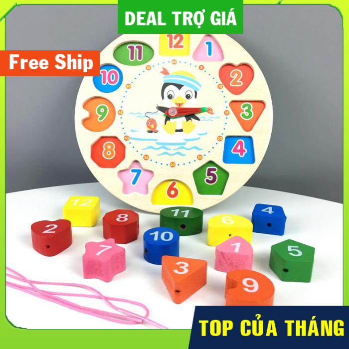 FREE SHIP - FREE QUÀ TẶNG [Sale off 50-] Đồng hồ Gỗ xếp hình (Kèm dây xâu chuỗi hạt) - Đồ chơi gỗ Smart Baby- 003
