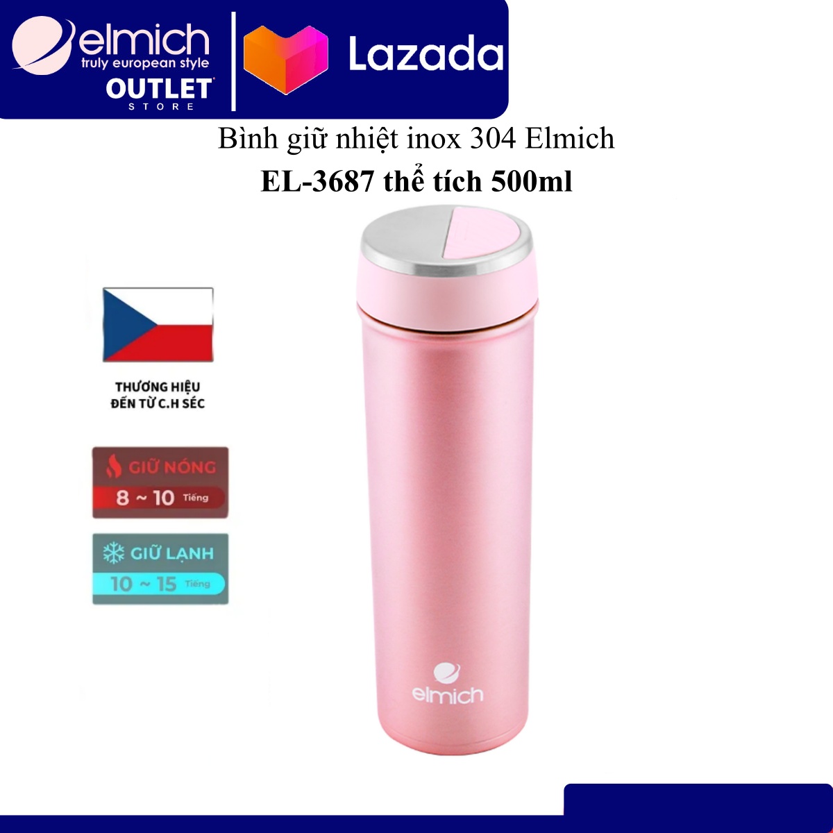 Bình Giữ Nhiệt ELMICH EL-3687 (Dung Tích 500ml - Mầu Hồng - Giữ Nóng 8h, Giữ Lạnh 12h)
