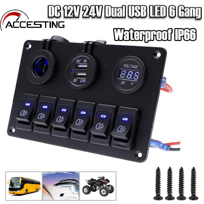 6 Gang LED Switch Panel Car DC 12V 24V Switch with Waterproof Dual USB LED Voltmeter Waterproof Switch Board Blue LED On Off Switch Board 6 Gang 12V Car Boat Circuit, Dual USB
