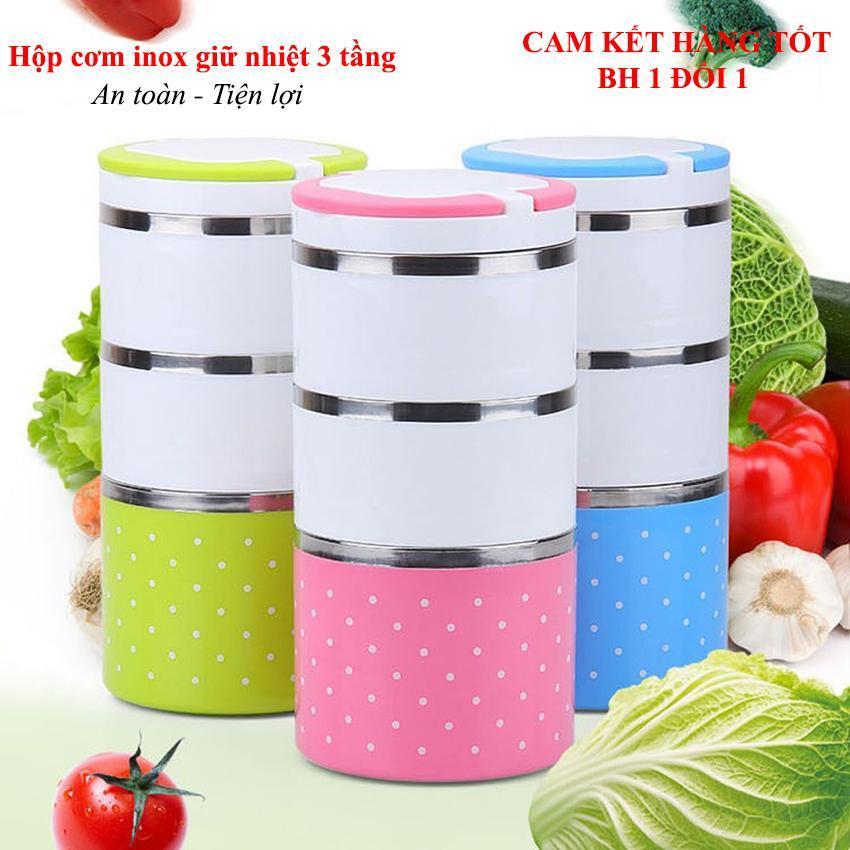 Cặp lồng cơm 3 tầng giữ nhiệt chấm bi ruột inox