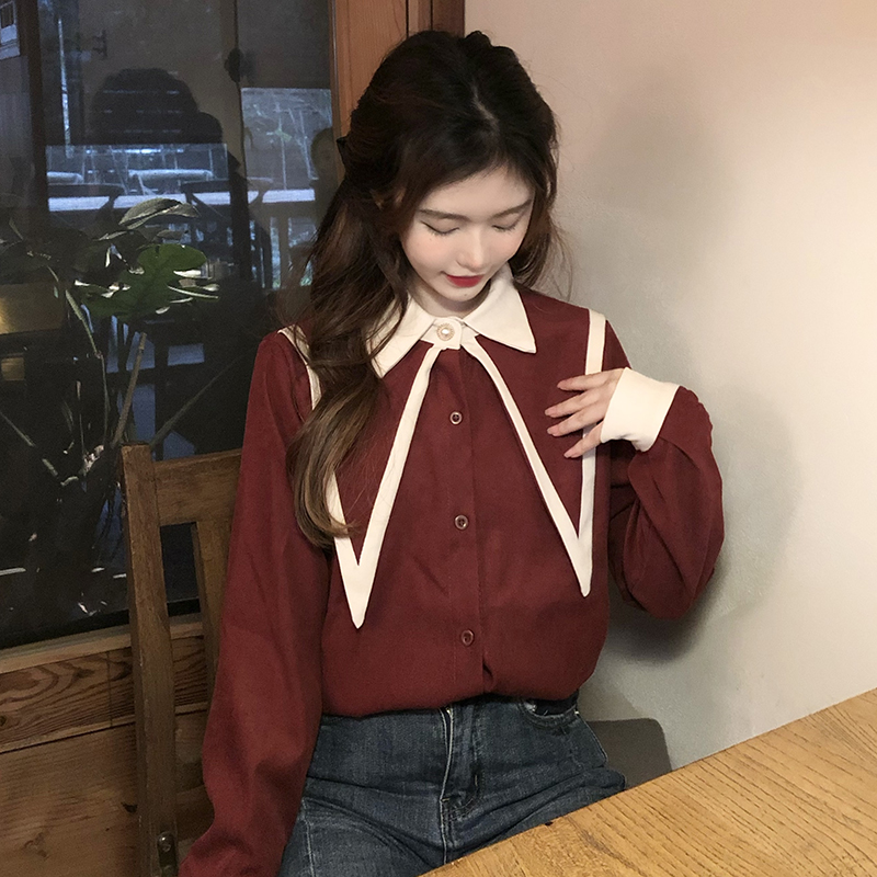 Red peter pan collar shirt Clearance