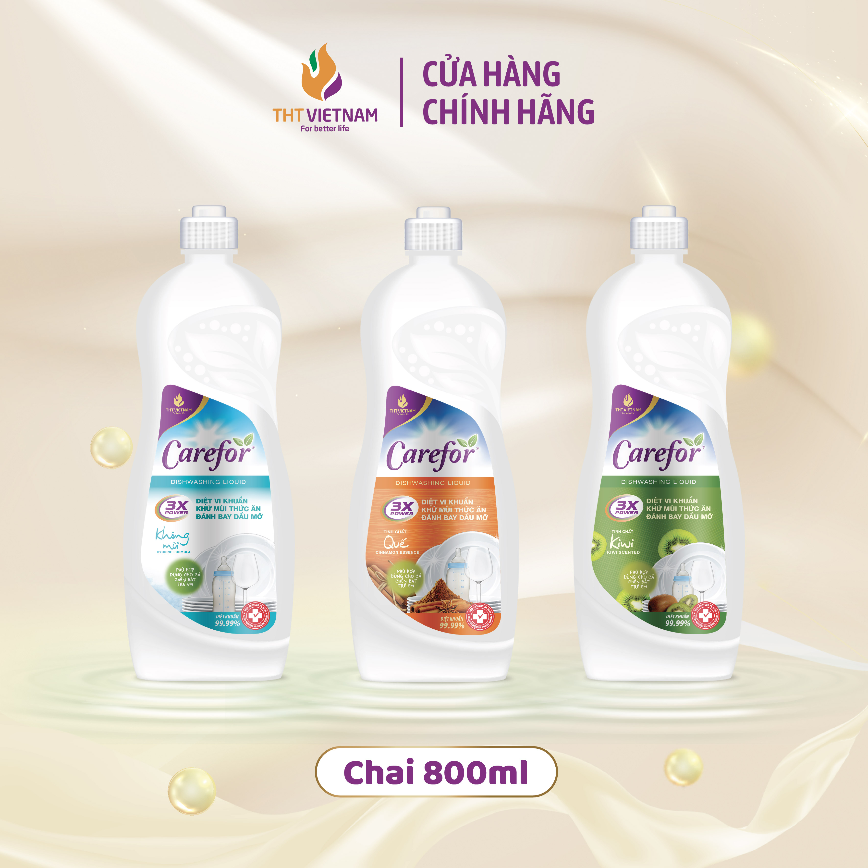 Nước rửa chén bát đậm đặc Carefor An toàn da tay, Làm sạch dịu nhẹ 800ml