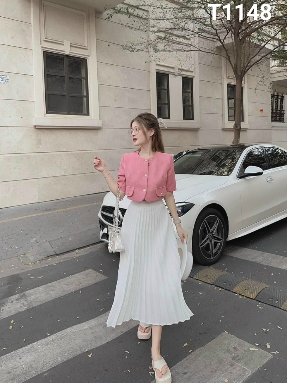 Set áo linen cài nut thật kèm chân váy voan dập ly T1148