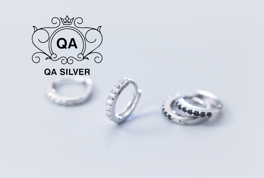 Khuyên tai bạc 925 tròn khảm đá bông tai hoop nam nữ đen trắng S925  HOOP QA Silver Earrings EA191001