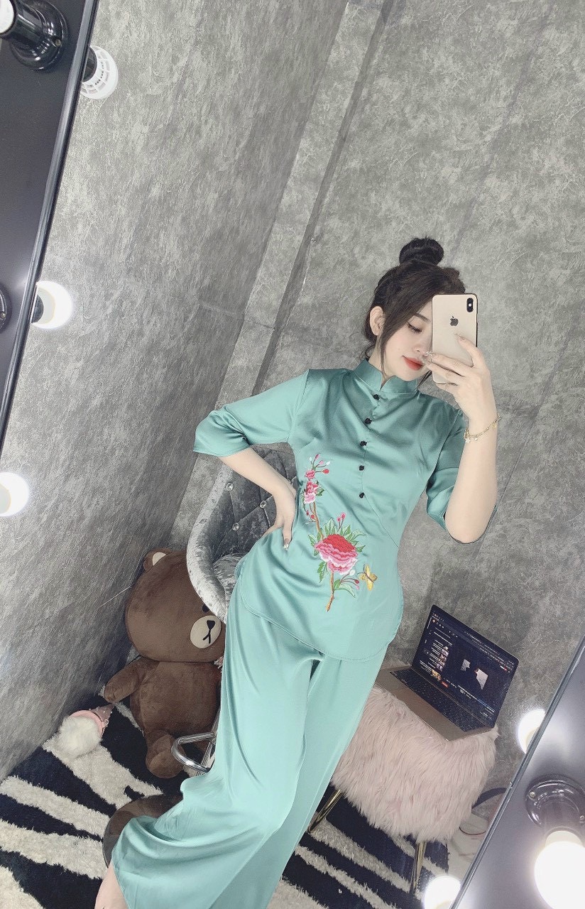 Đồ Lam Đi Chùa #Mẫu Hoa Xuân Lụa Satin# Quần Áo Nữ