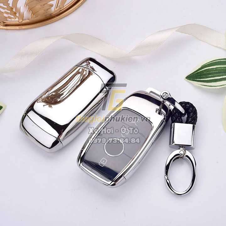Ốp, bọc chìa khóa silicon tráng gương bảo vệ chìa khóa cho xe Mercedes E-Class, GLC-Class, C-Class 2020 kèm móc đeo INOX