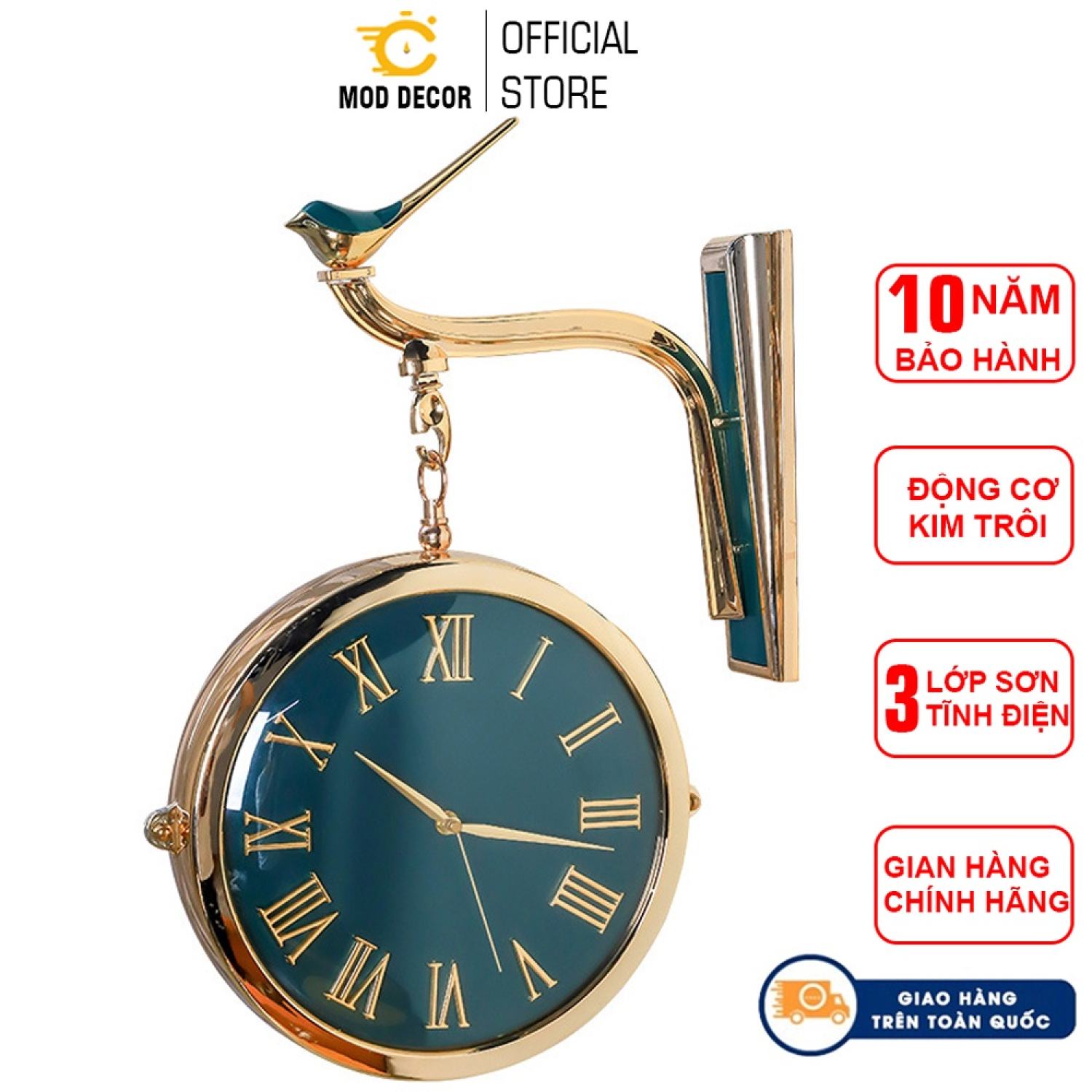 Đồng hồ treo tường trang trí 2 mặt mod decor én xanh 2 mặt 7937-30