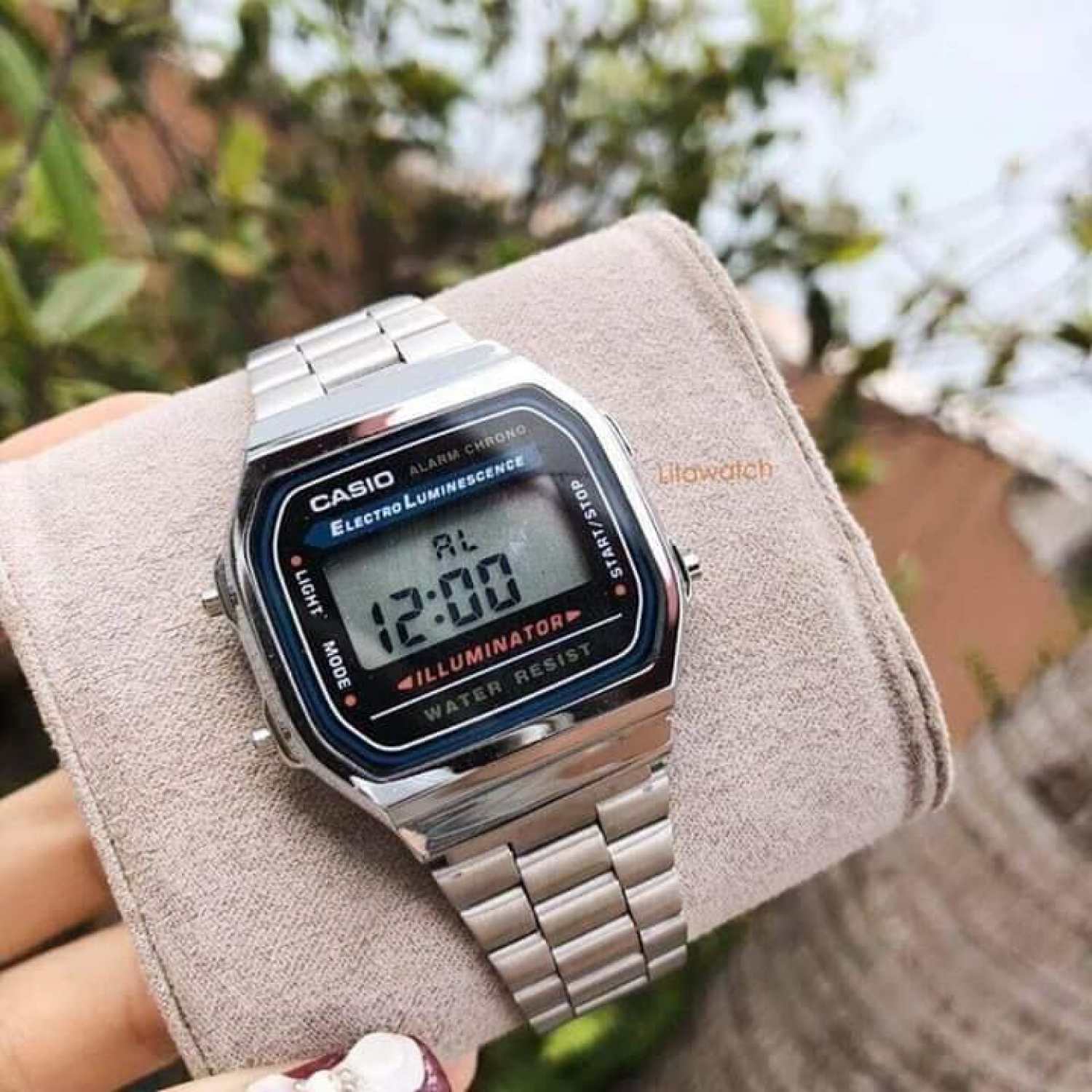 Đồng hồ điện tử nam nữ dây thép Casio A168 vintage xám chuột