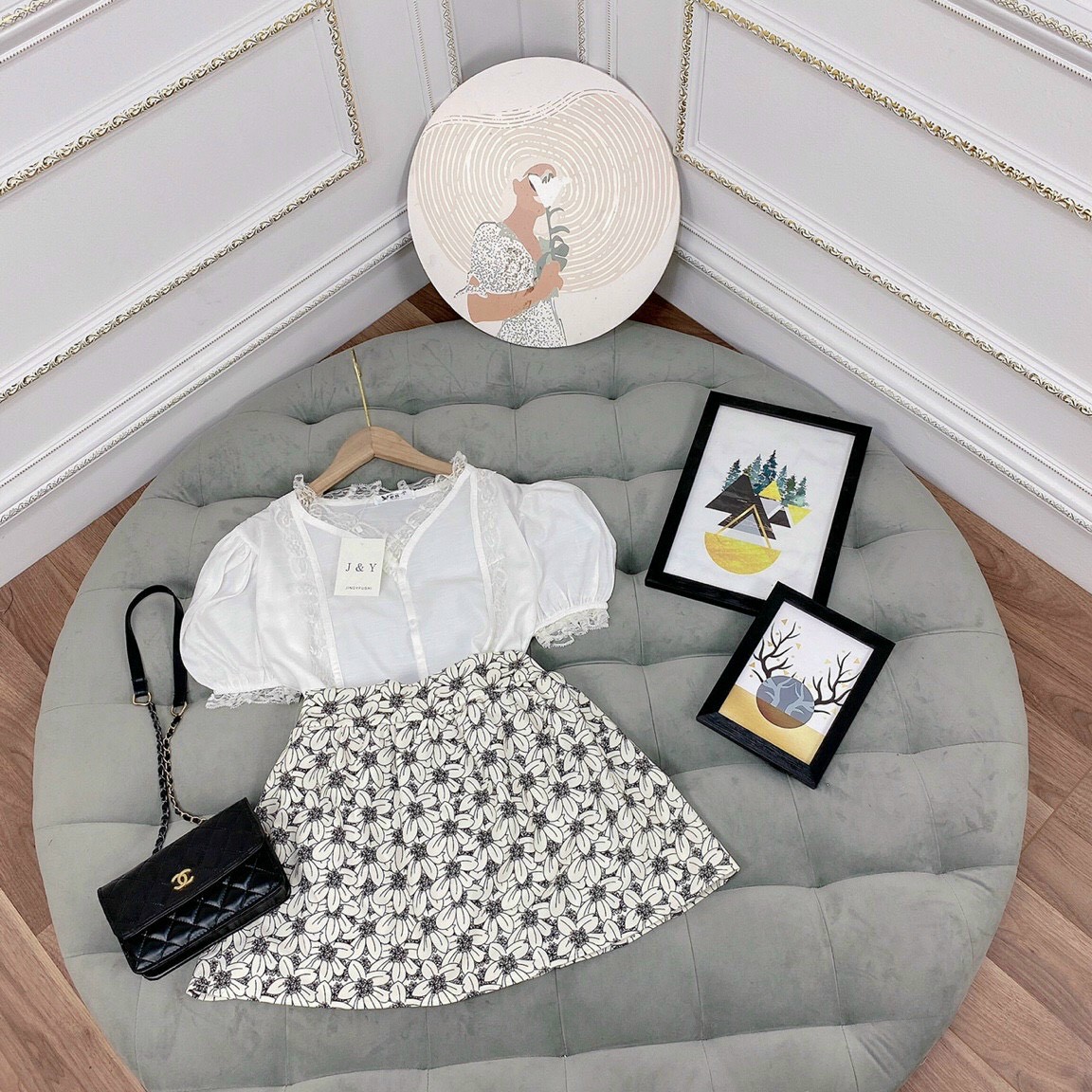 [Hàng giống hình 100%] Set áo sơ mi mix chân váy hoa