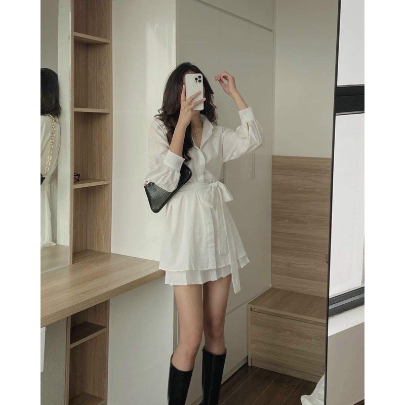 Set chân váy và áo sơ mi kèm dây buộc eo Thời trang