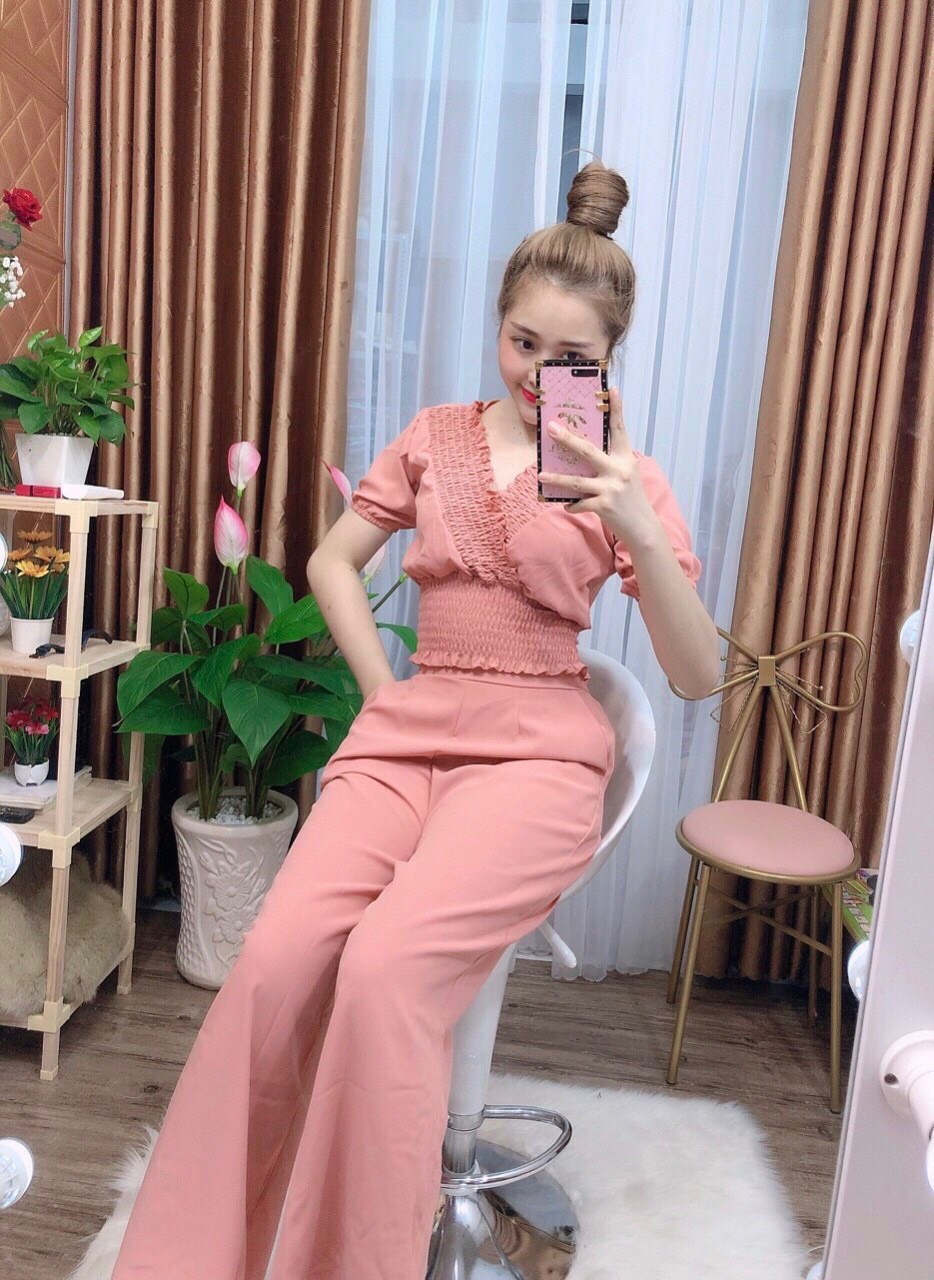 Đồ Bộ Voan Cổ V Nhúng Hot Trend Tai Thỏ Bo Eo Phối Quần Ống Rộng Thời Trang TTSA0667