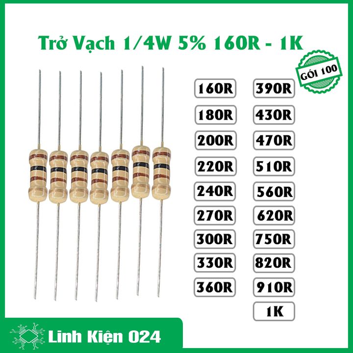 Gói 100 con trở vạch 1/4w 5% giá trị điện trở từ 160r - 1k