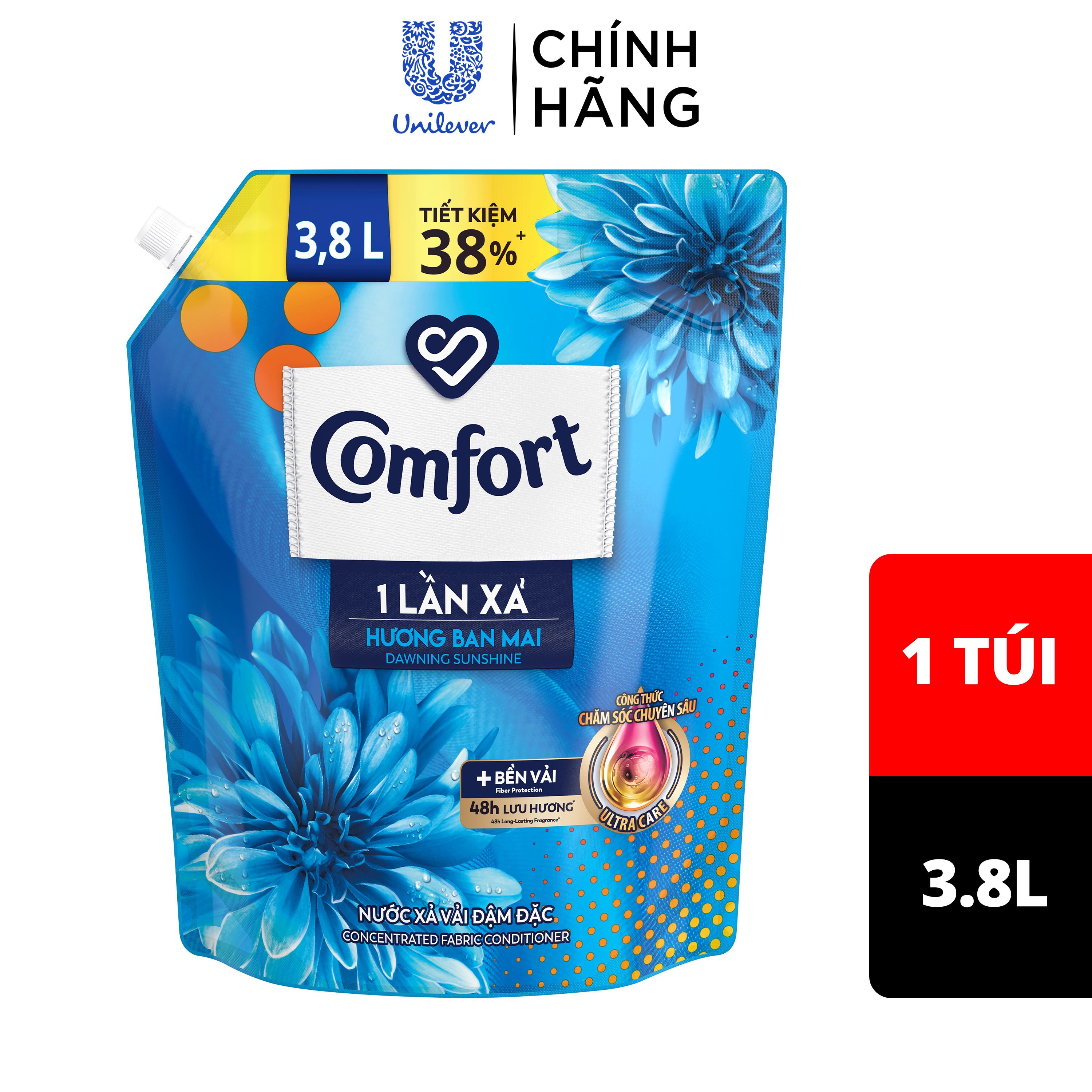Nước Xả Vải Comfort Đậm Đặc Một Lần Xả Hương Ban Mai Túi 3.8L