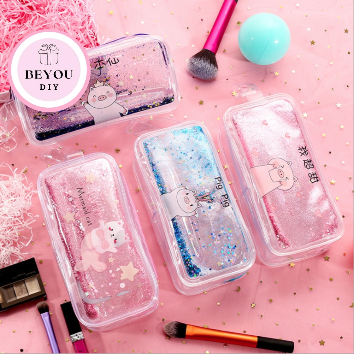 Hộp Bút Trong Suốt Hoạ Tiết Hạt Cát Kim Tuyến Lấp Lánh Chuyển Động - BEYOU