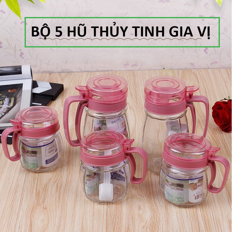 Set 5 Hũ Gia Vị Thủy Tinh Có Tay Cầm