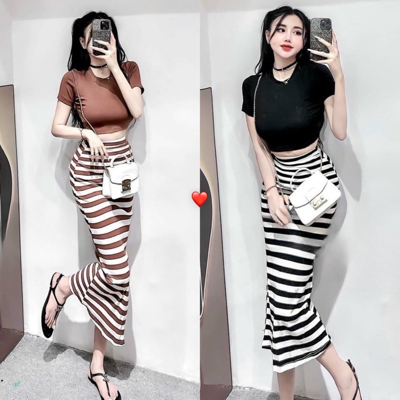 Set bộ áo croptop tay ngắn chân váy dài kẻ sọc cá tính chât bozip mềm
