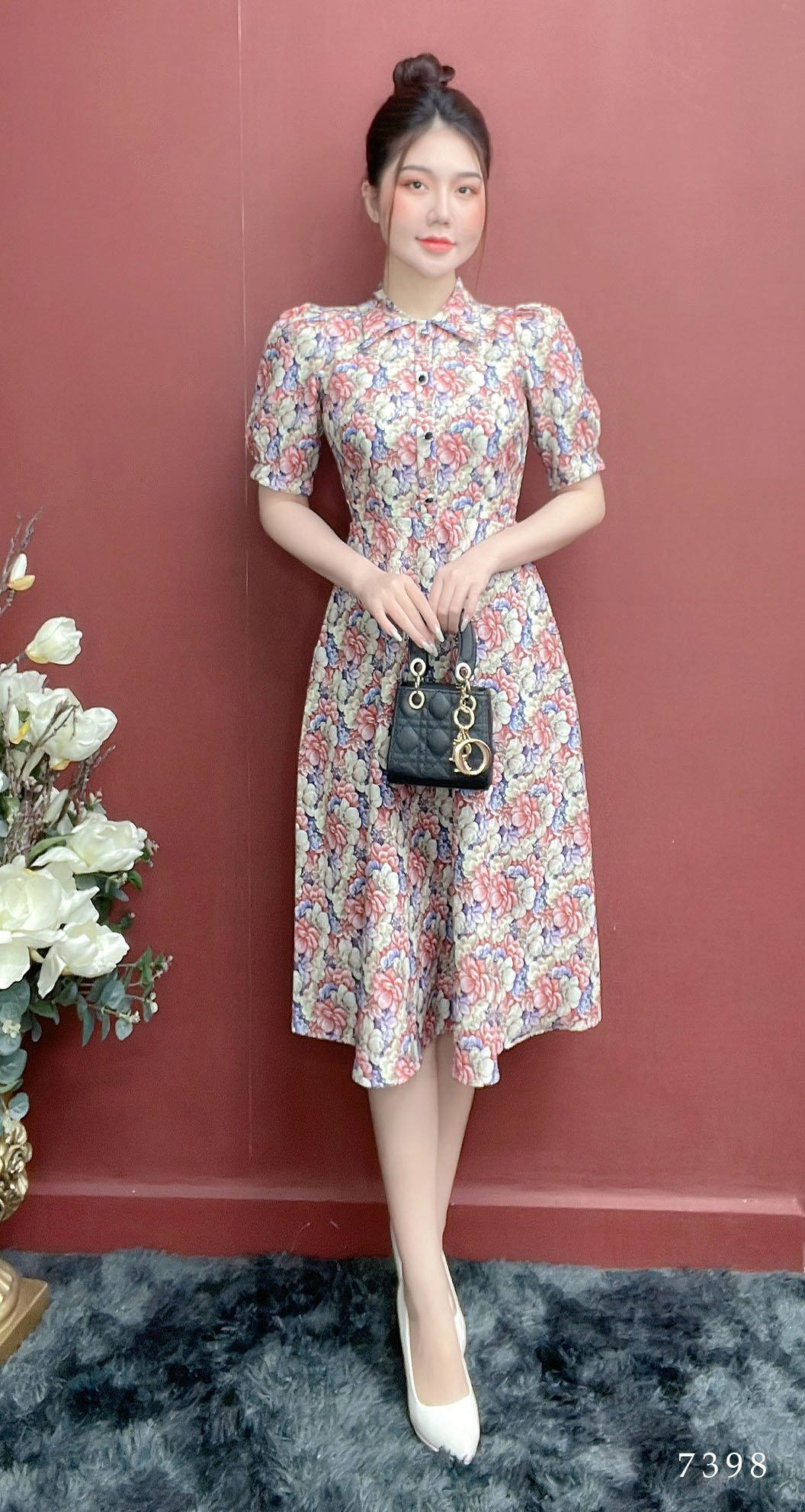 Đầm EMY EM7398 Xoè Hoa Cổ Lá
