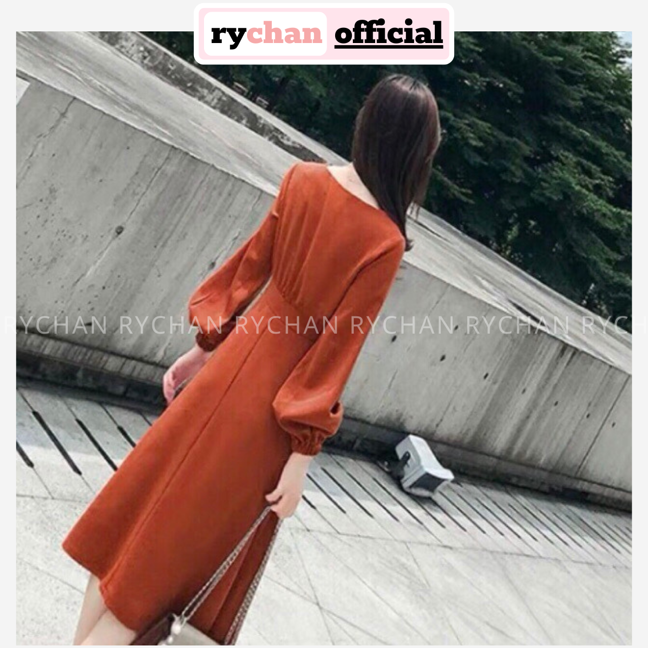 [HCM]DM637 - Orange Maxi Dress Square Neck with Puffy Sleeves