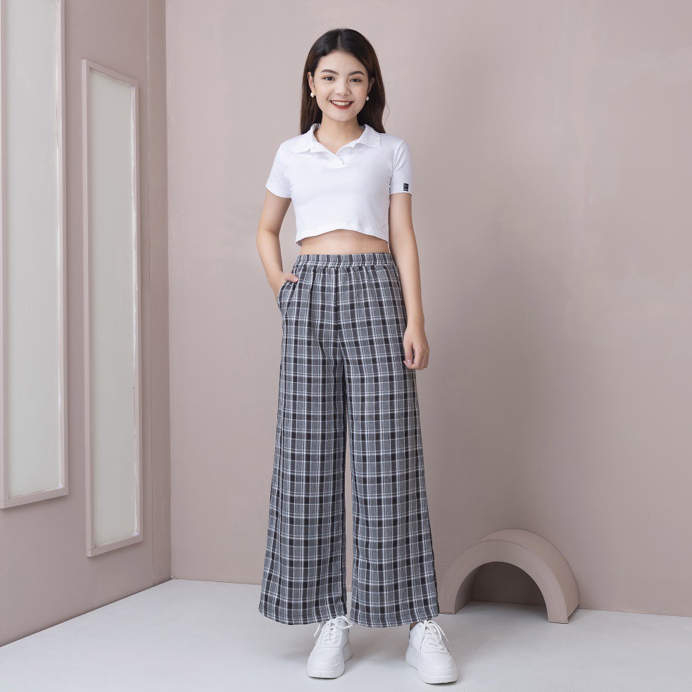 Quần caro ống rộng cạp chun Madela