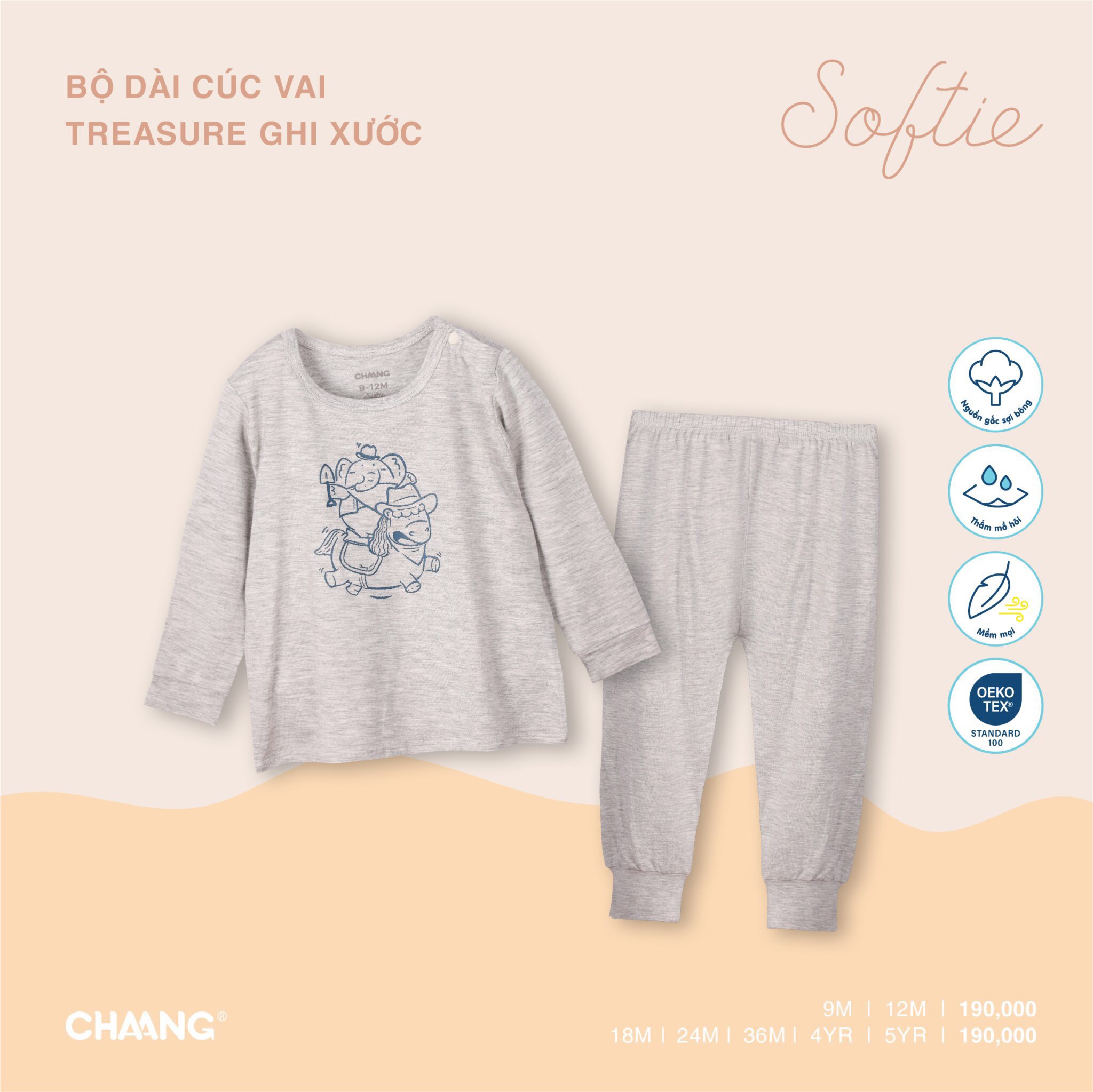Bộ áo dài tay quần dài cúc vai trẻ em họa tiết Treasure Chaang
