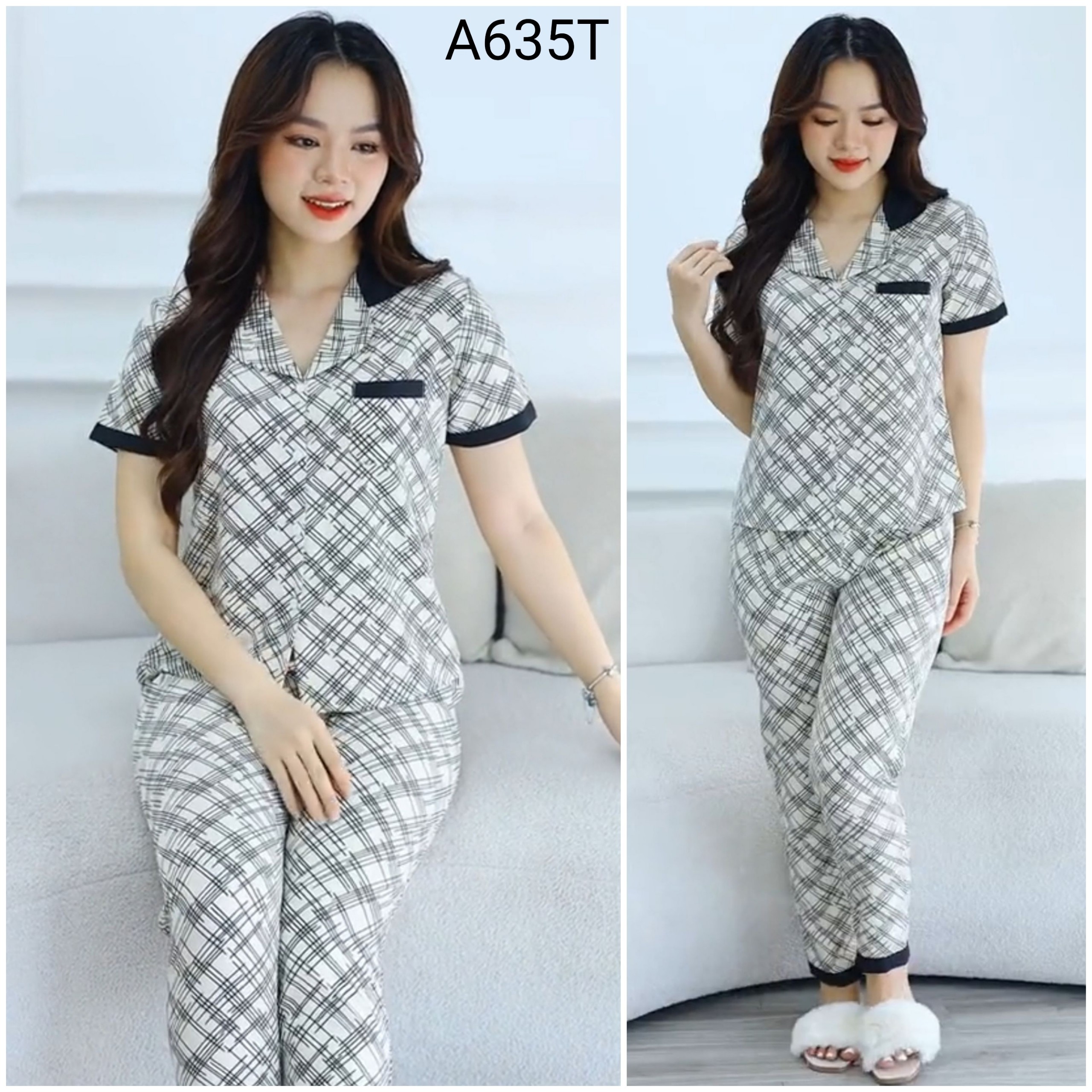 Quần áo mặc nhà nữ, đồ bộ mẫu Piyama tay cộc quần dài, họa tiết karo chéo