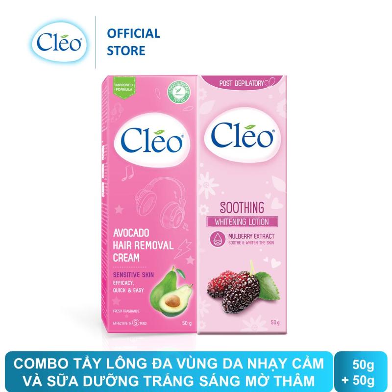 Bộ đôi Kem tẩy lông Cleo 50g da nhạy cảm và Sữa dưỡng dịu da sau tẩy lông Cléo trắng sáng da 50g nhập khẩu