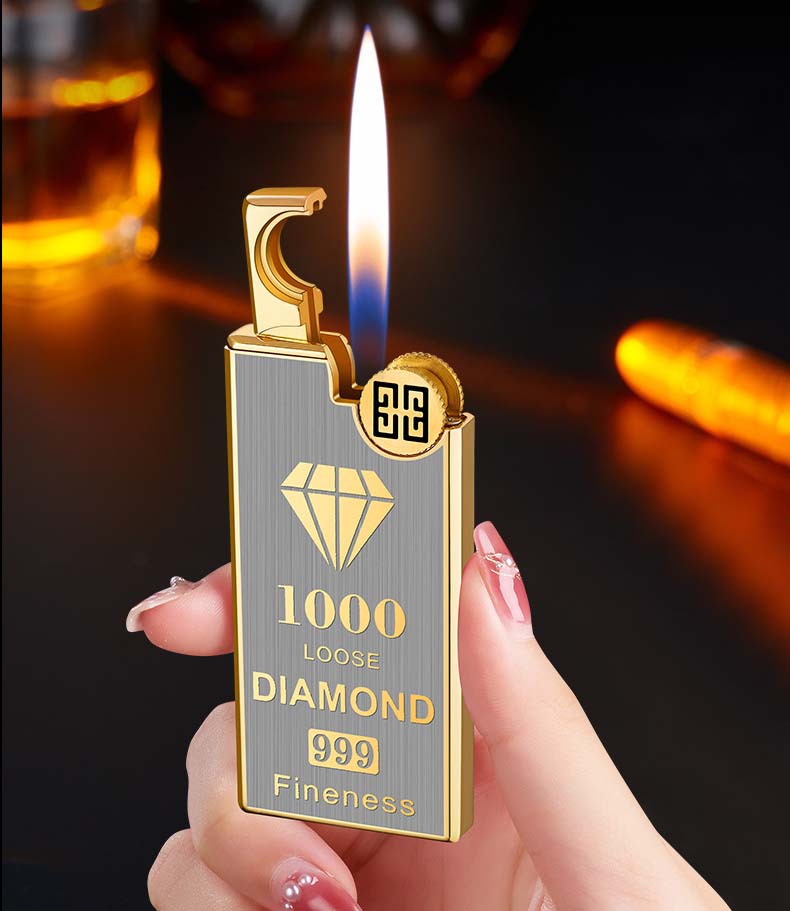 Bật lửa ga mạ vàng khắc hình kim cương