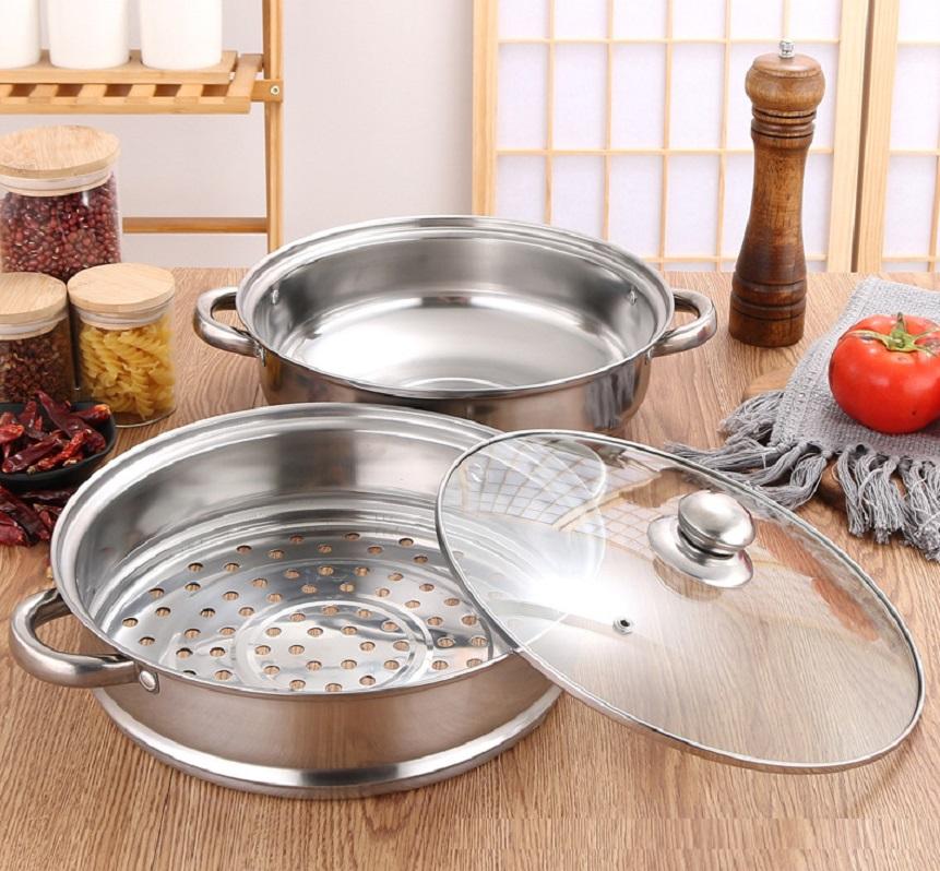 Nồi hấp 2 tầng 28cm inox nắp thủy tinh cao cấp