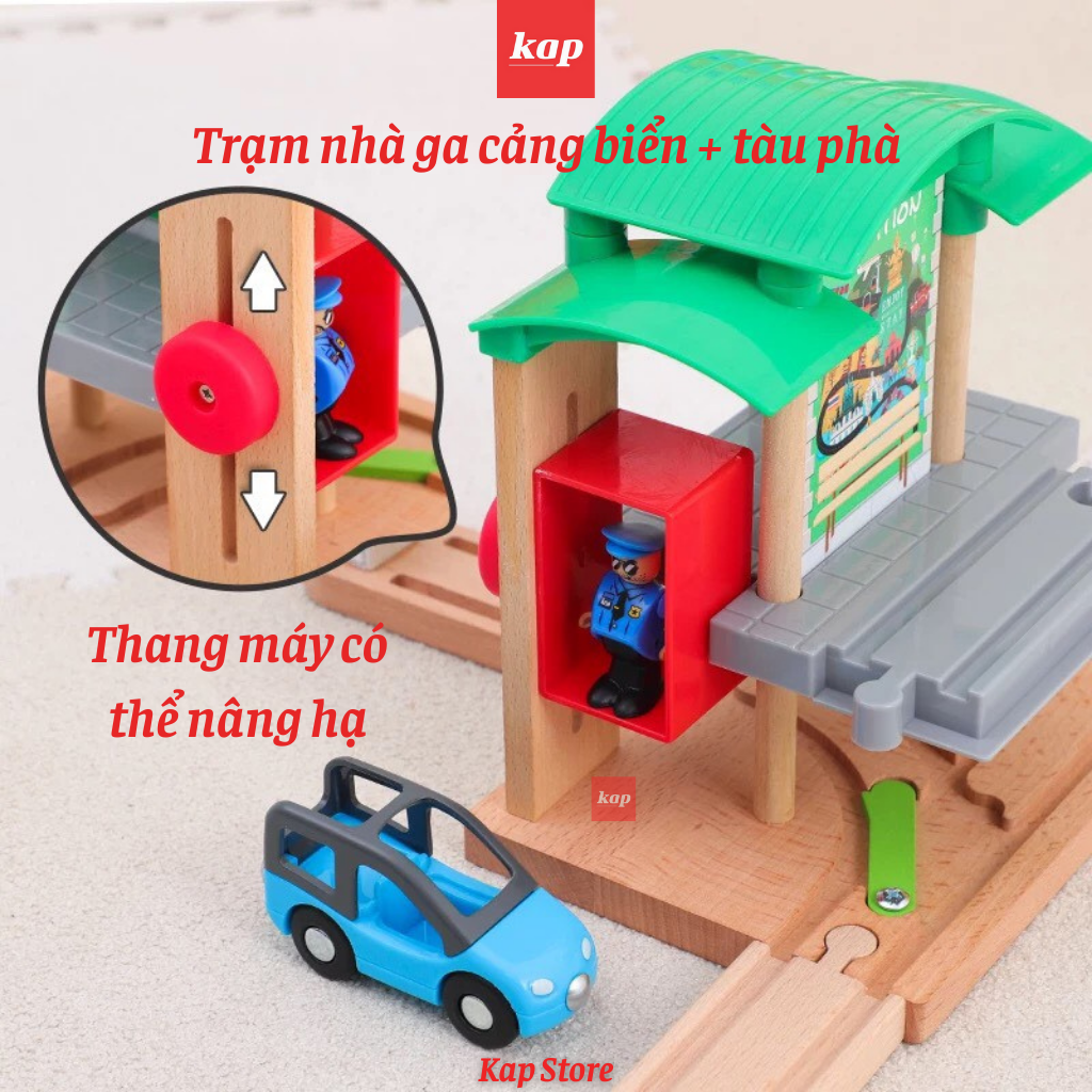 Trạm nhà ga xe lửa, bến phà, phụ kiện mô hình đường ray xe lửa gỗ (kèm 1 xe ngẫu nhiên)