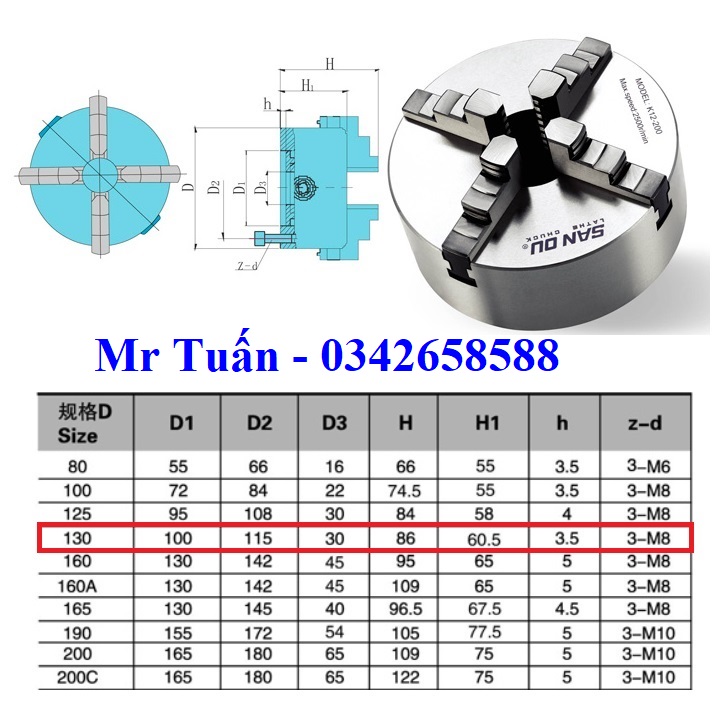 Mâm cặp 4 chấu 130mm K12-130