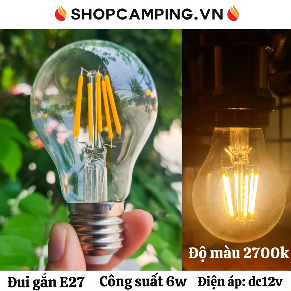 Bóng đèn led Edison A60 công suất 6w dc12v, bóng led ánh sáng vàng đui e27 chống ngược cực - Camping VietNam