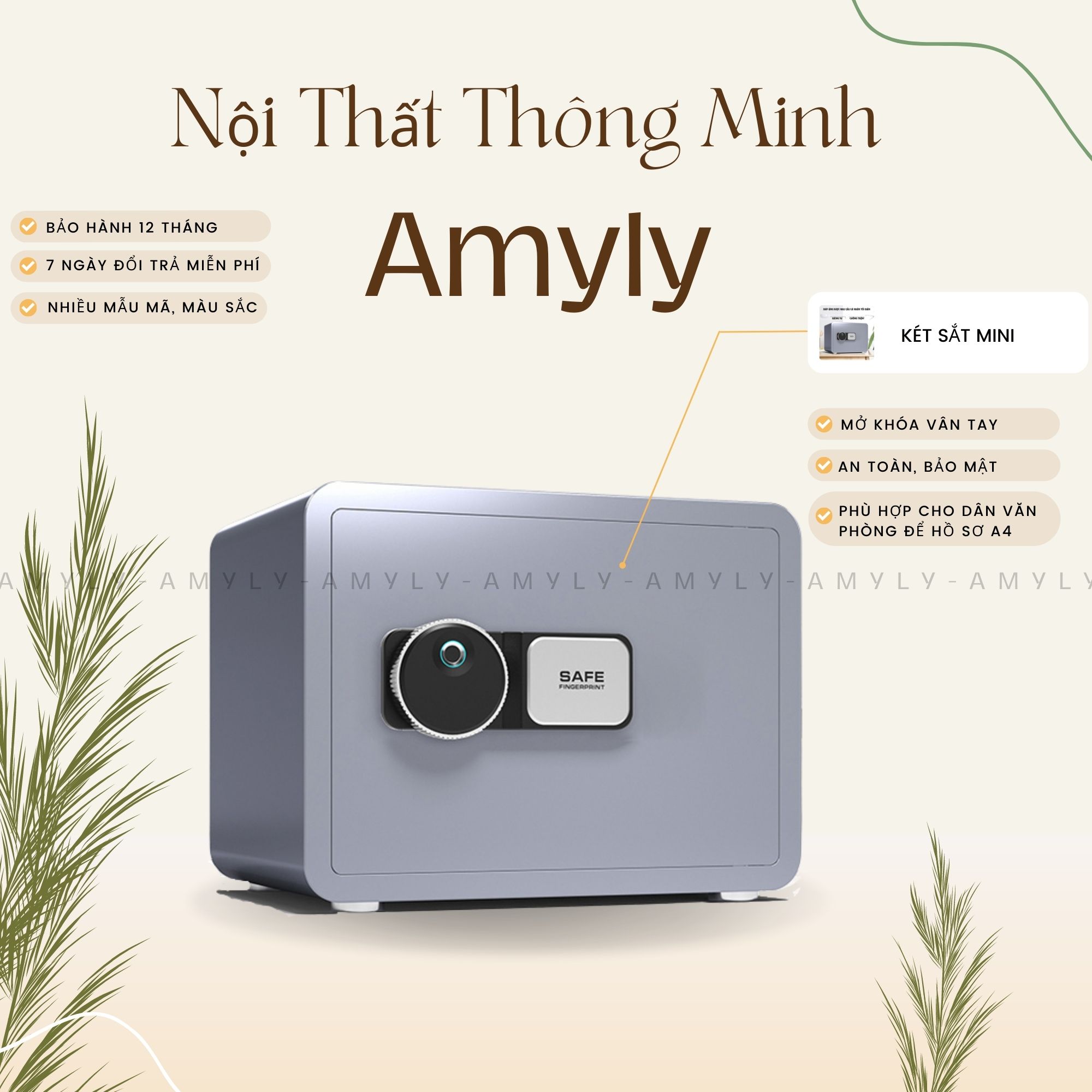 Két sắt mini amyly két sắt vân tay mở khóa thông minh cỡ nhỏ kích thước d35cm x r25cm x c25cm hai màu trắng, đen