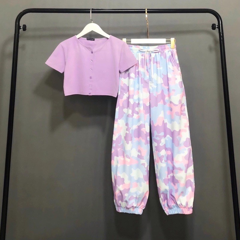 Bộ Quần Áo Phối Bò Sữa Quần Dài Dễ Thương, Thiết Kế Thời Trang, Vải Dày Mịn Mát