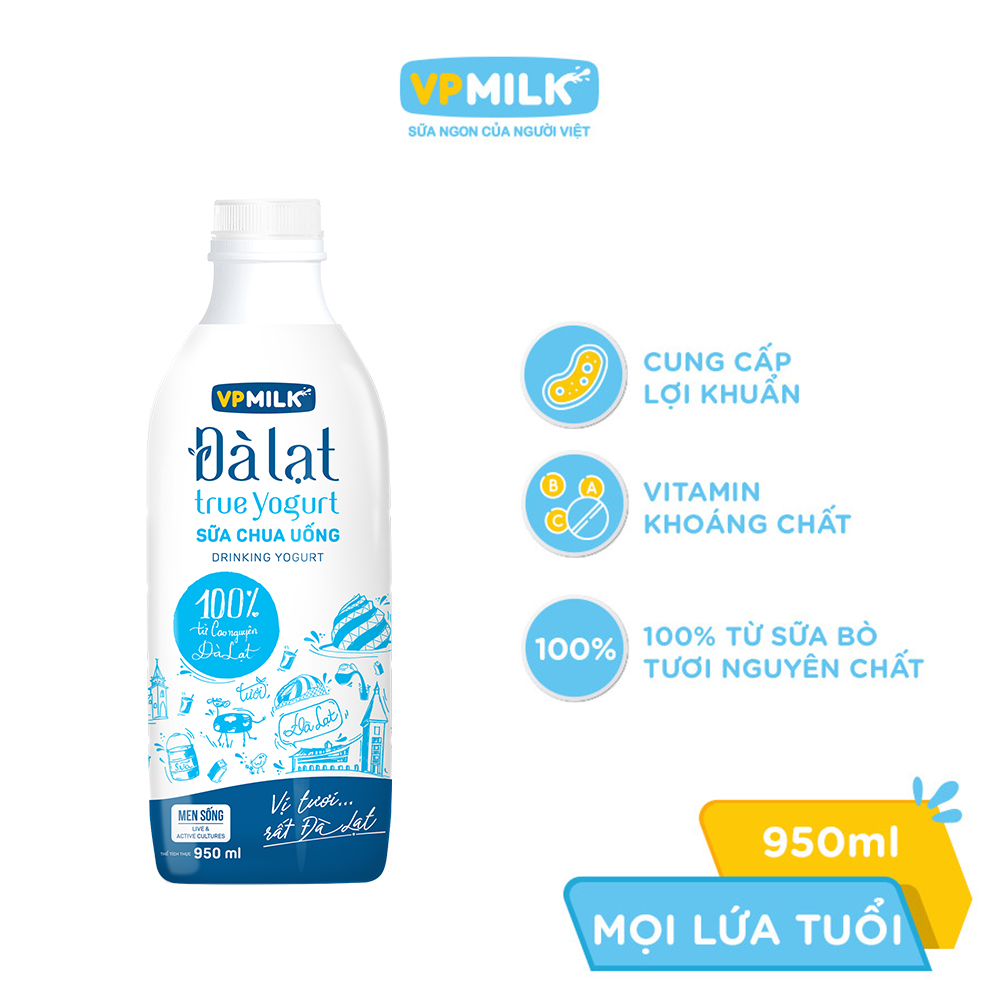 [VẬN CHUYỂN HỎA TỐC HCM] Sữa Chua Uống VPMilk Đà Lạt True Yogurt chai 950ml