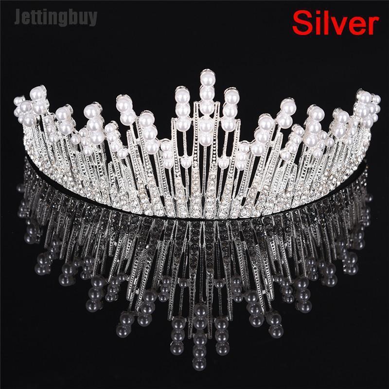 Jettingbuy Pearl Crystal Tiara Rhinestone Hair Accessories Crown Wedding Bridal Headband Gold